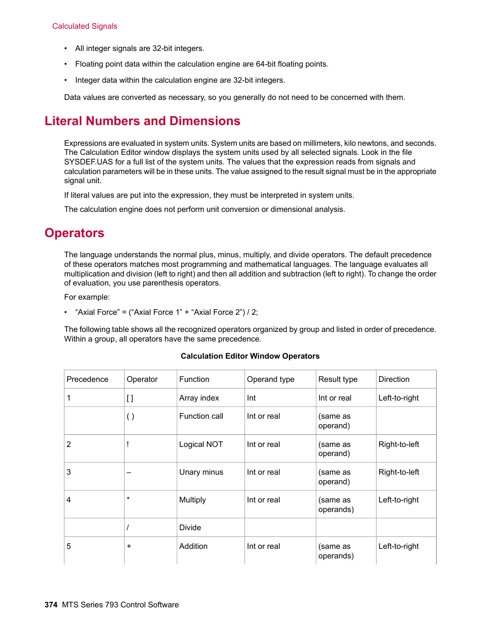 Literal numbers and dimensions, Operators | MTS Series 793 User Manual | Page 374 / 490