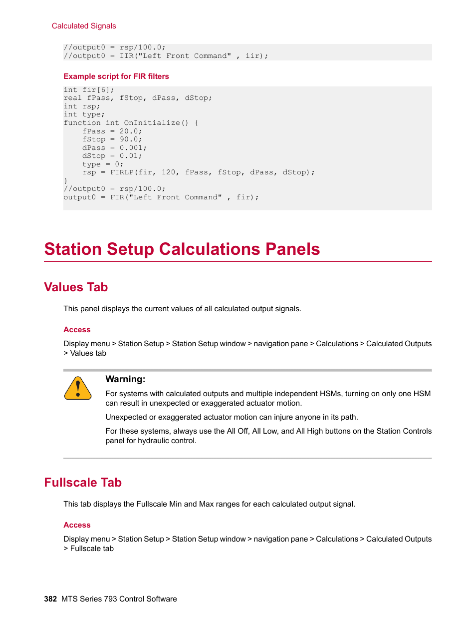 Station setup calculations panels, Values tab, Fullscale tab | MTS Series 793 User Manual | Page 382 / 490