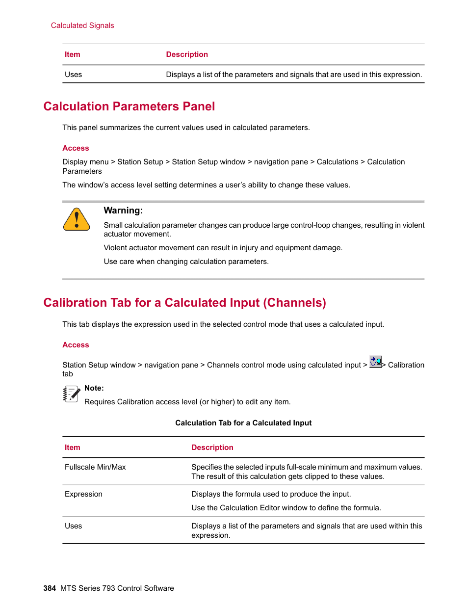 Calculation parameters panel, Calibration tab for a calculated input (channels) | MTS Series 793 User Manual | Page 384 / 490