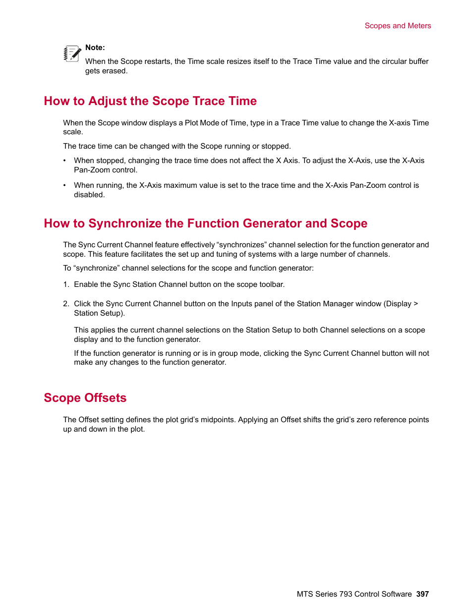 How to adjust the scope trace time, Scope offsets | MTS Series 793 User Manual | Page 397 / 490