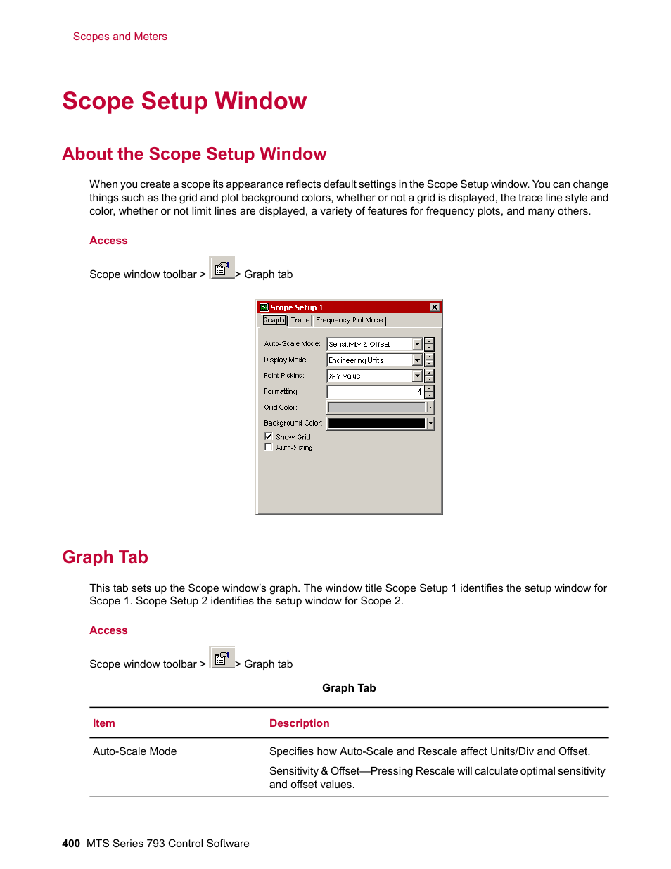 Scope setup window, About the scope setup window, Graph tab | MTS Series 793 User Manual | Page 400 / 490