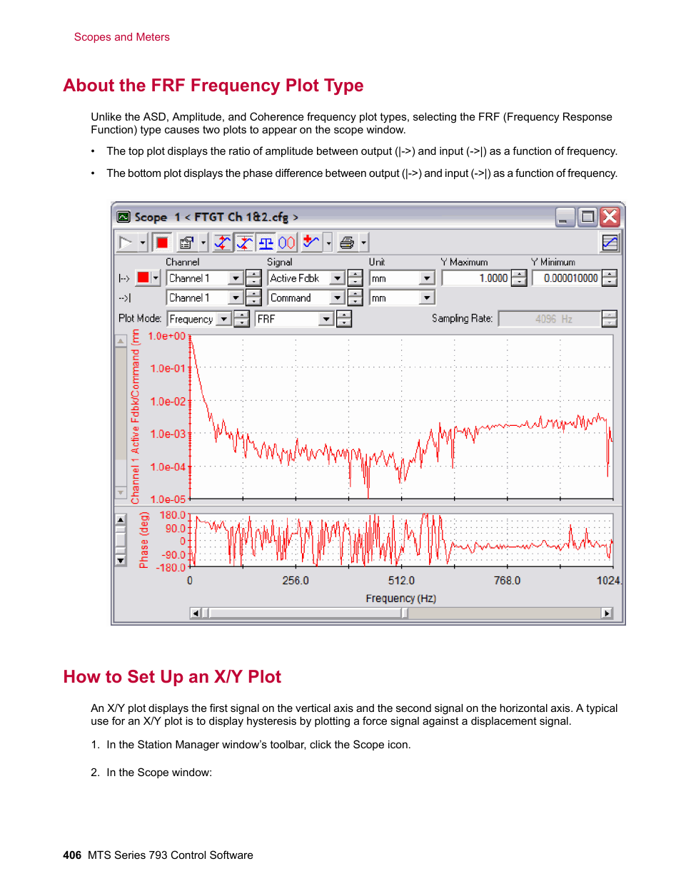 About the frf frequency plot type, How to set up an x/y plot | MTS Series 793 User Manual | Page 406 / 490