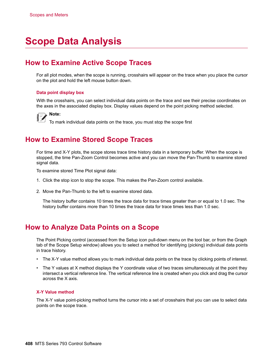 Scope data analysis, How to examine active scope traces, How to examine stored scope traces | How to analyze data points on a scope | MTS Series 793 User Manual | Page 408 / 490