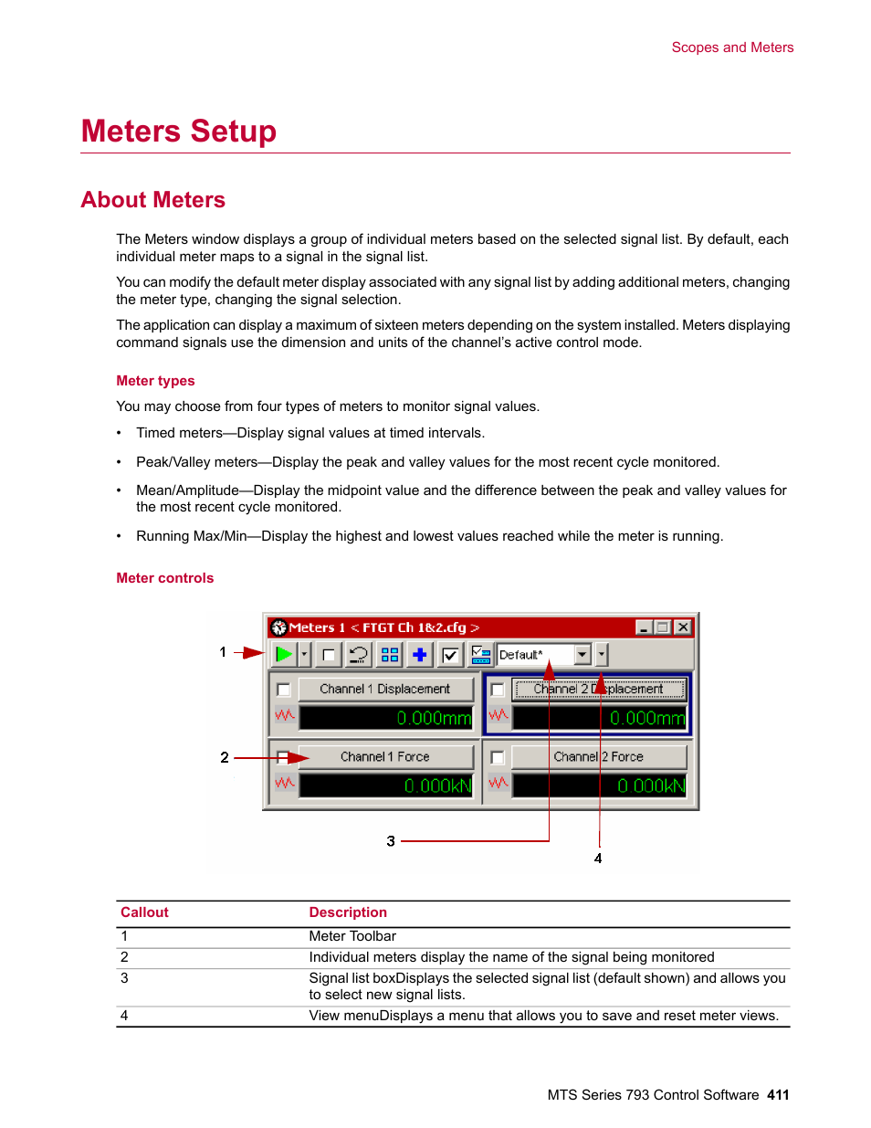 Meters setup, About meters | MTS Series 793 User Manual | Page 411 / 490