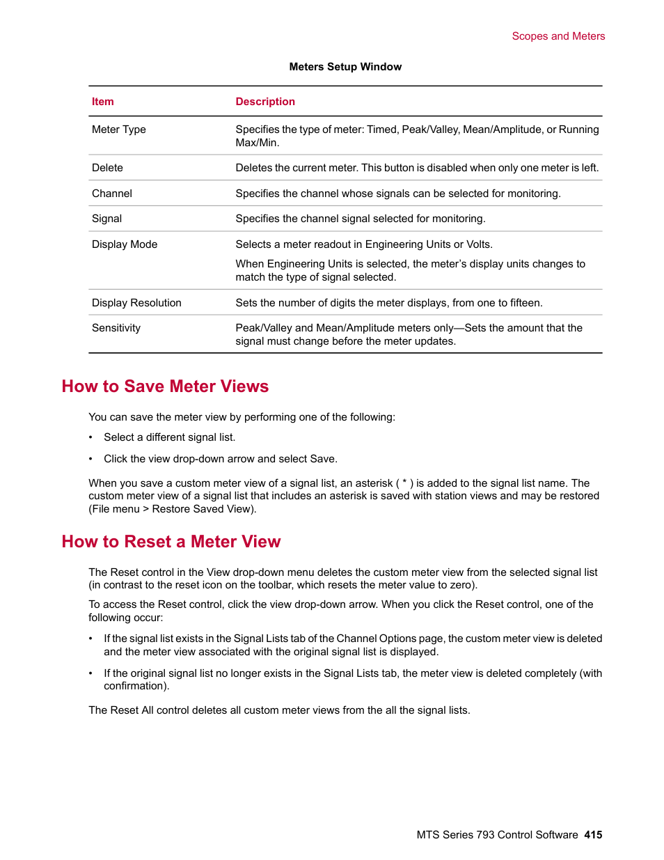 How to save meter views, How to reset a meter view | MTS Series 793 User Manual | Page 415 / 490