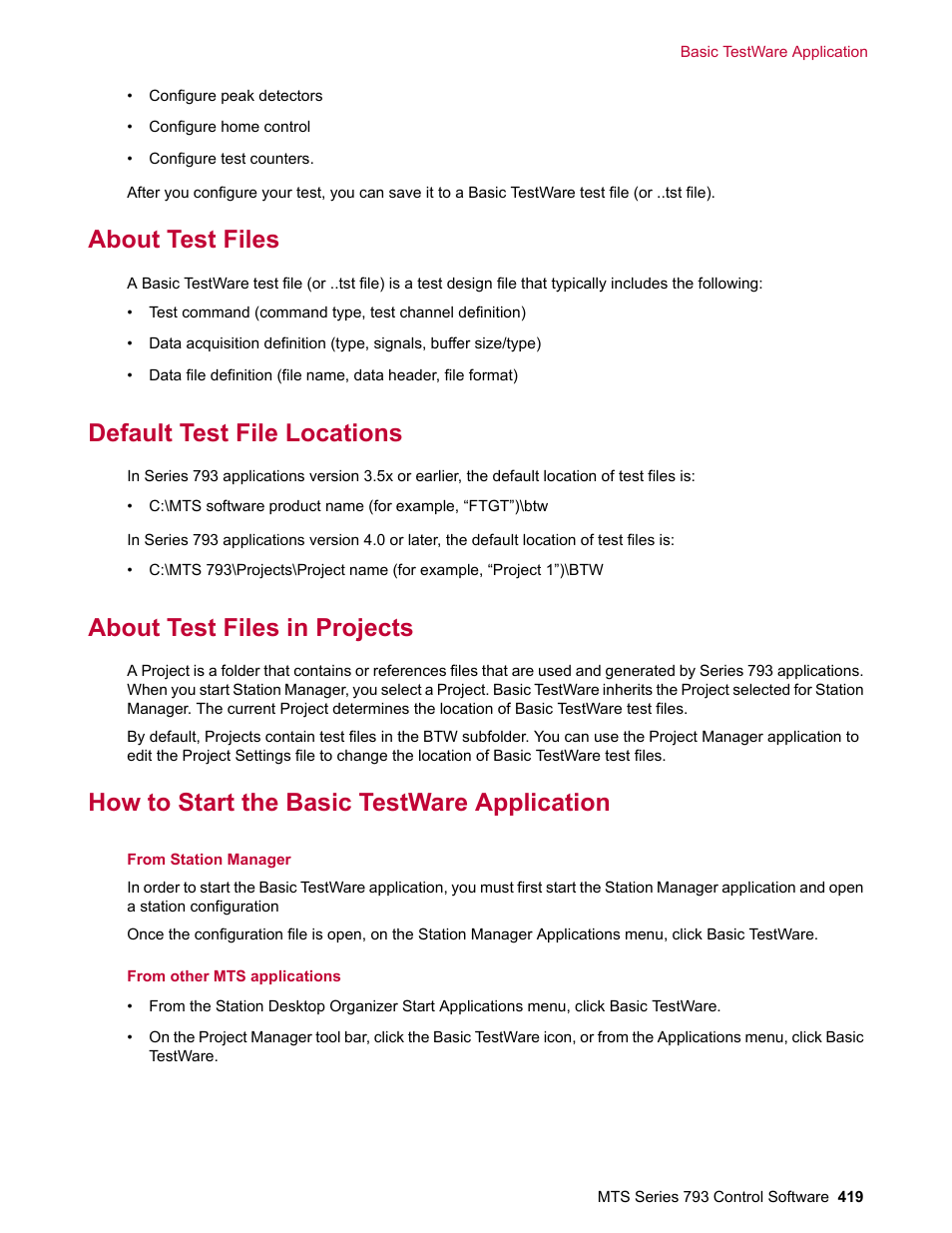 About test files, Default test file locations, About test files in projects | How to start the basic testware application | MTS Series 793 User Manual | Page 419 / 490