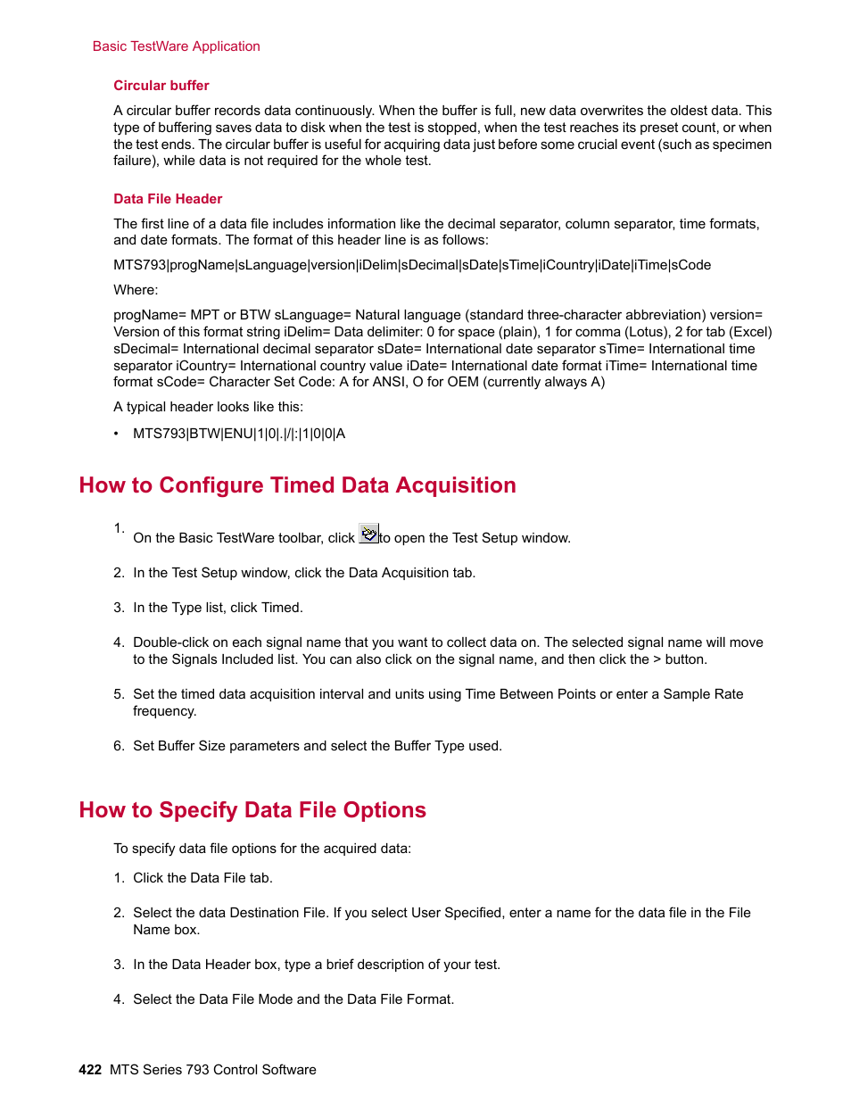 How to configure timed data acquisition, How to specify data file options | MTS Series 793 User Manual | Page 422 / 490