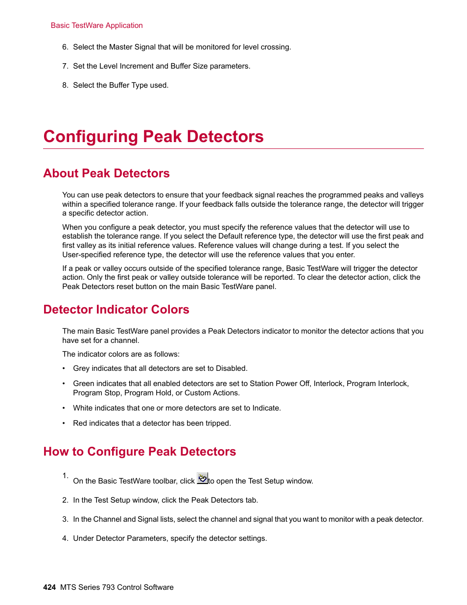 Configuring peak detectors, About peak detectors, Detector indicator colors | How to configure peak detectors | MTS Series 793 User Manual | Page 424 / 490