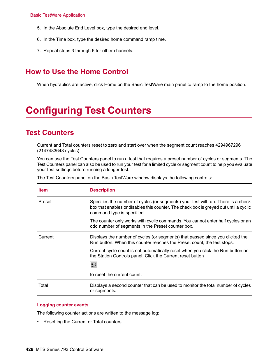 How to use the home control, Configuring test counters, Test counters | MTS Series 793 User Manual | Page 426 / 490