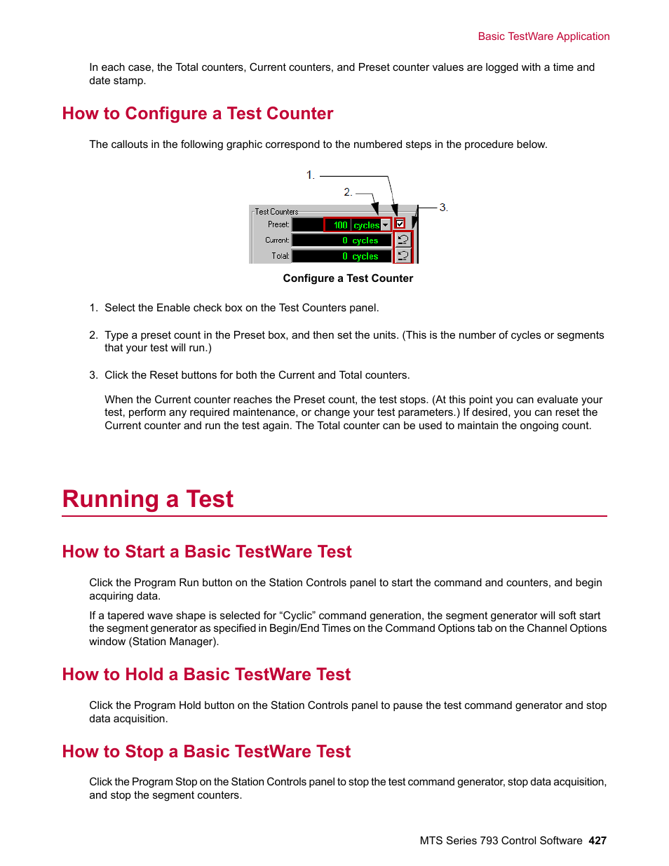 How to configure a test counter, Running a test, How to start a basic testware test | How to hold a basic testware test, How to stop a basic testware test | MTS Series 793 User Manual | Page 427 / 490