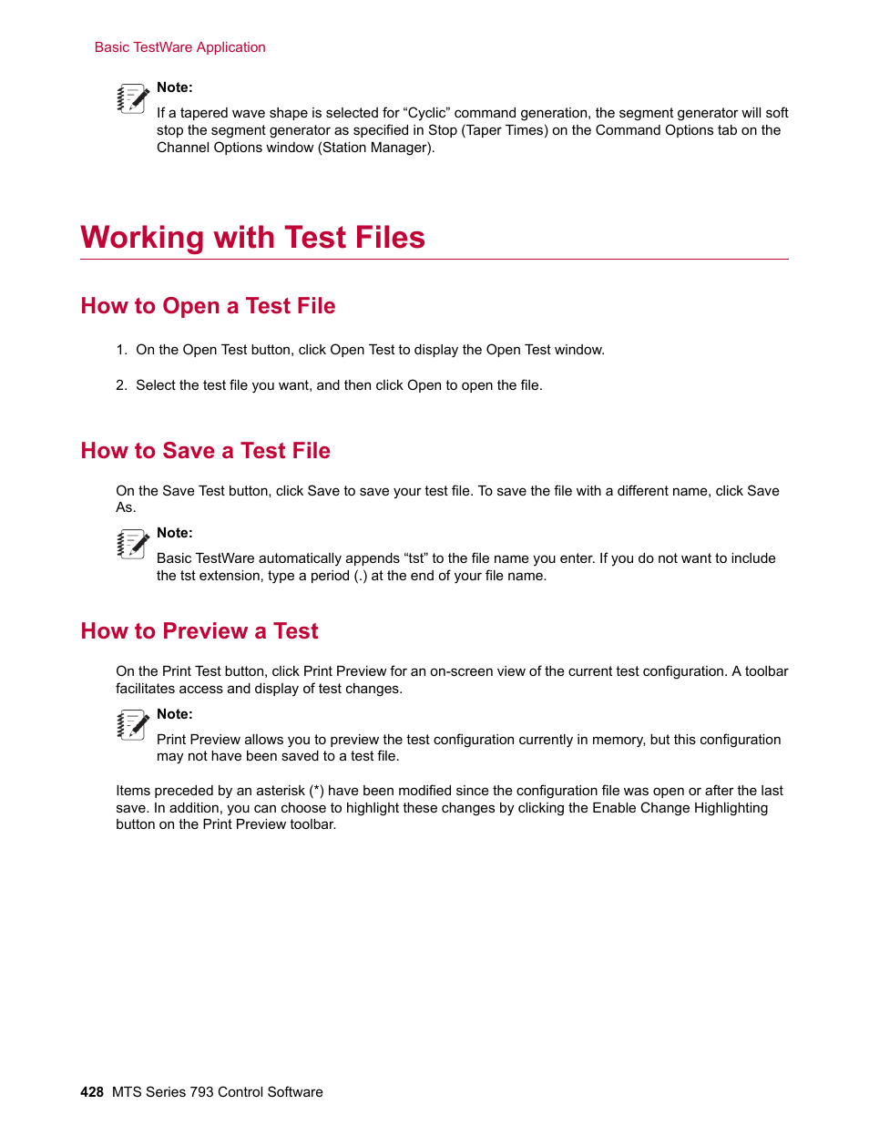 Working with test files, How to open a test file, How to save a test file | How to preview a test | MTS Series 793 User Manual | Page 428 / 490