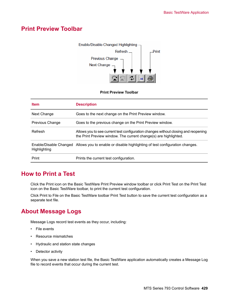 Print preview toolbar, How to print a test, About message logs | MTS Series 793 User Manual | Page 429 / 490