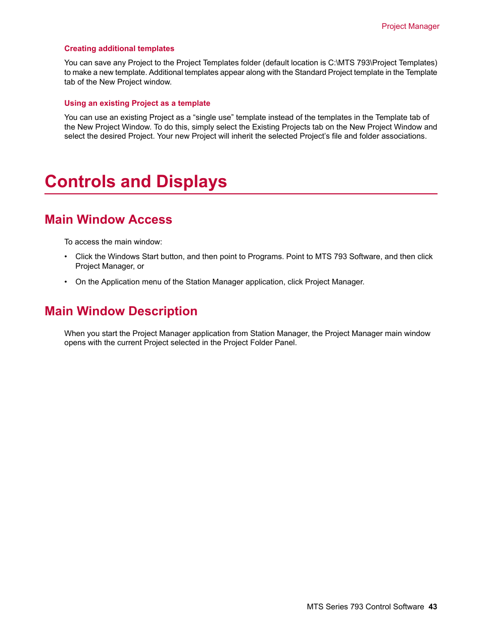 Controls and displays, Main window access, Main window description | MTS Series 793 User Manual | Page 43 / 490