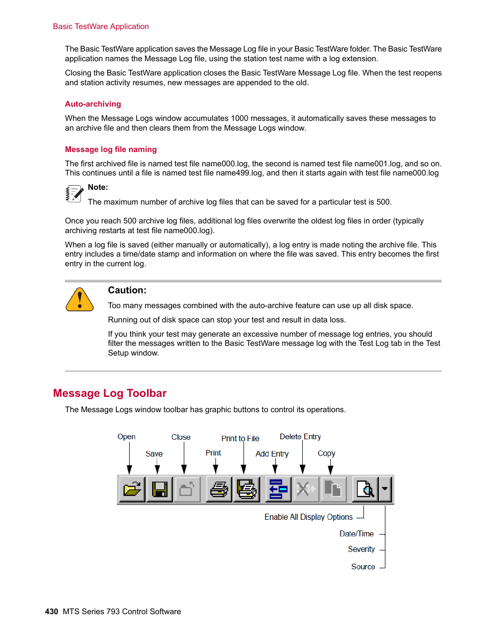 Message log toolbar | MTS Series 793 User Manual | Page 430 / 490