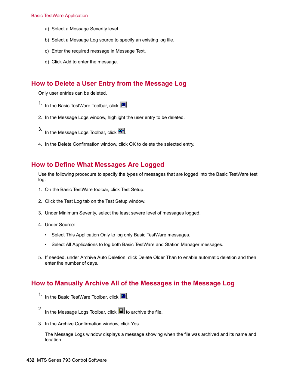 How to delete a user entry from the message log, How to define what messages are logged | MTS Series 793 User Manual | Page 432 / 490