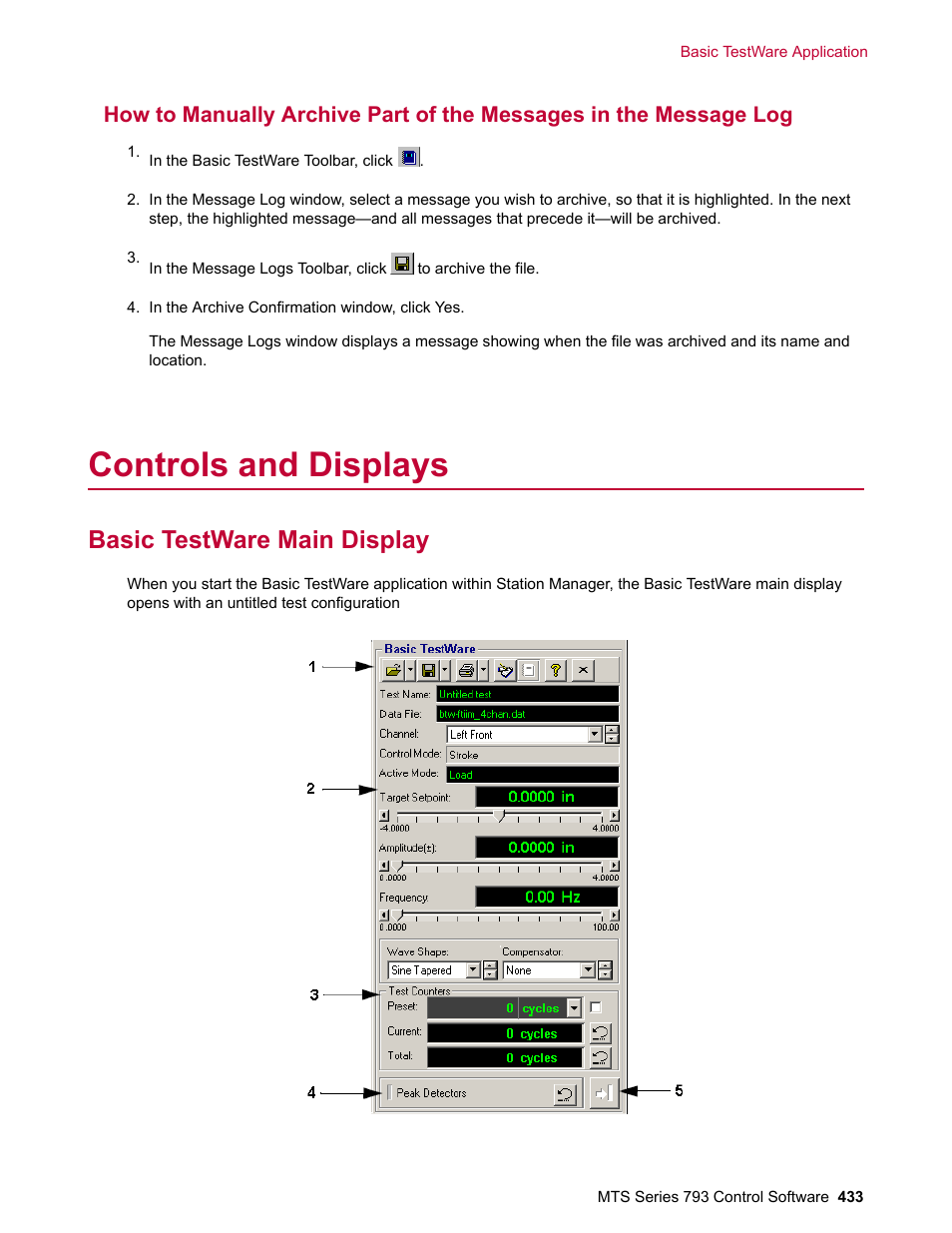 Controls and displays, Basic testware main display | MTS Series 793 User Manual | Page 433 / 490