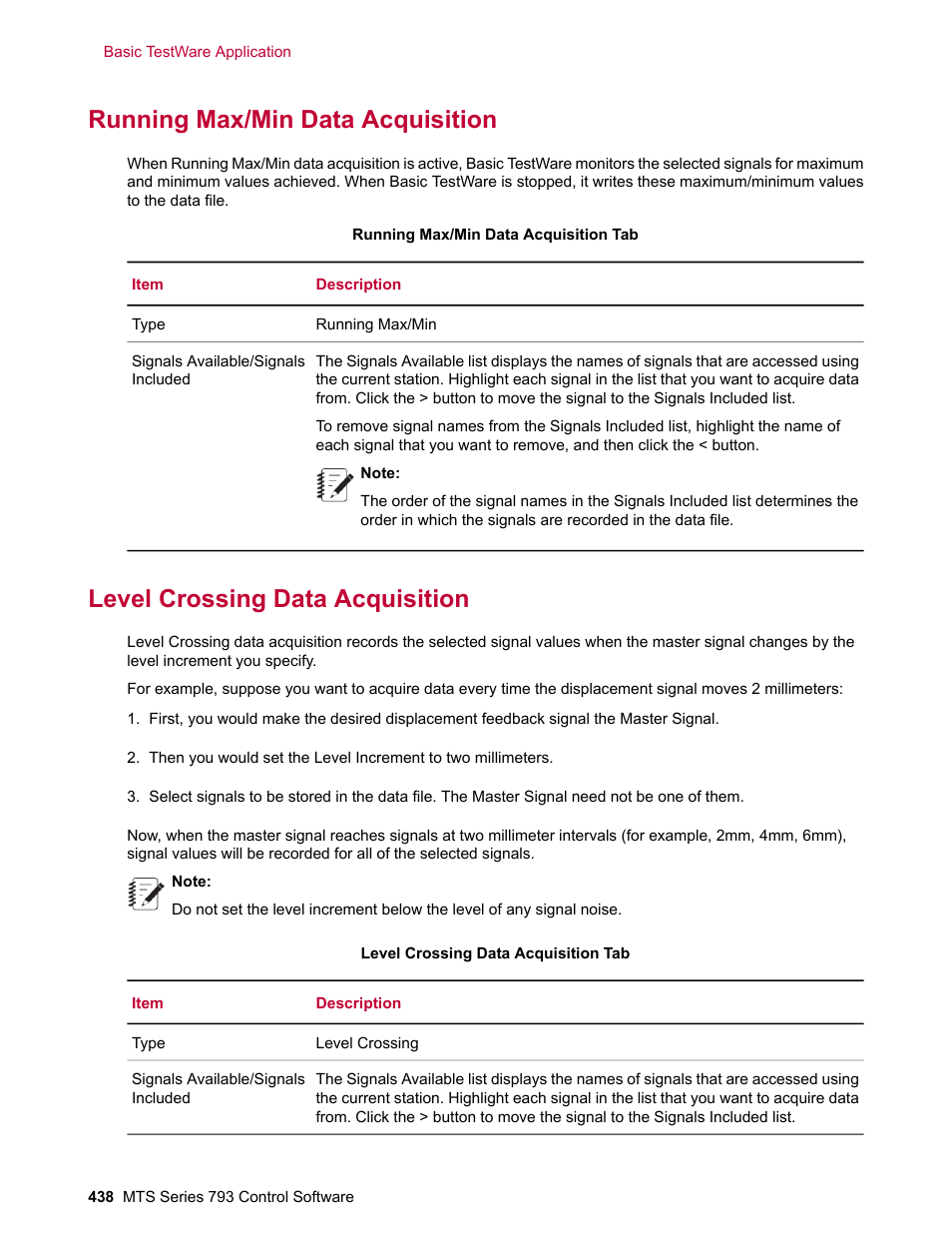 Running max/min data acquisition, Level crossing data acquisition | MTS Series 793 User Manual | Page 438 / 490