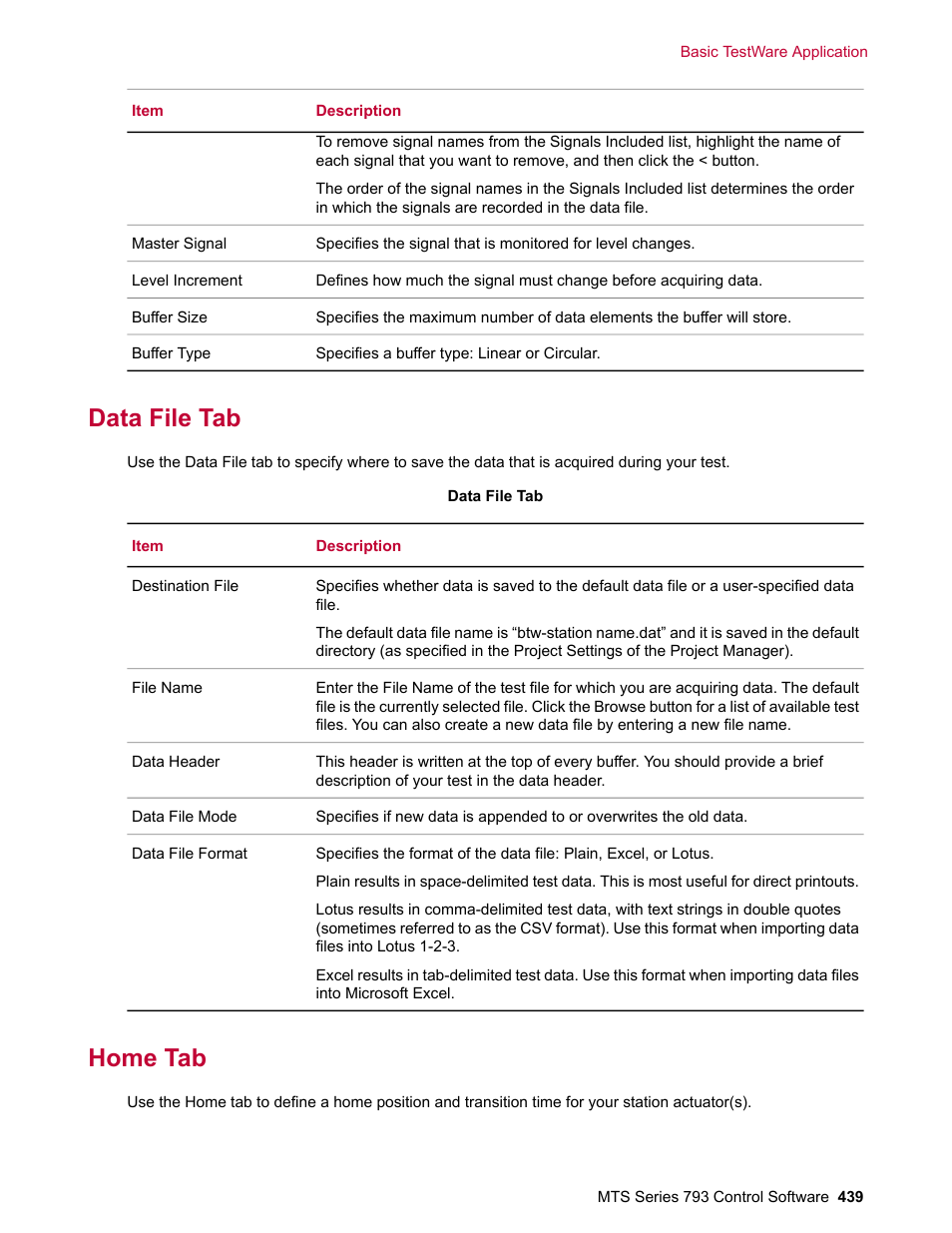 Data file tab, Home tab | MTS Series 793 User Manual | Page 439 / 490