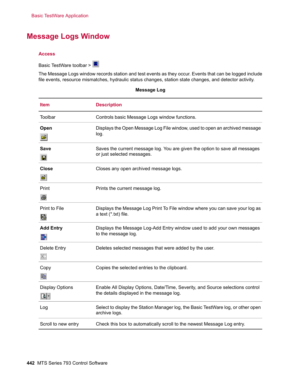 Message logs window | MTS Series 793 User Manual | Page 442 / 490