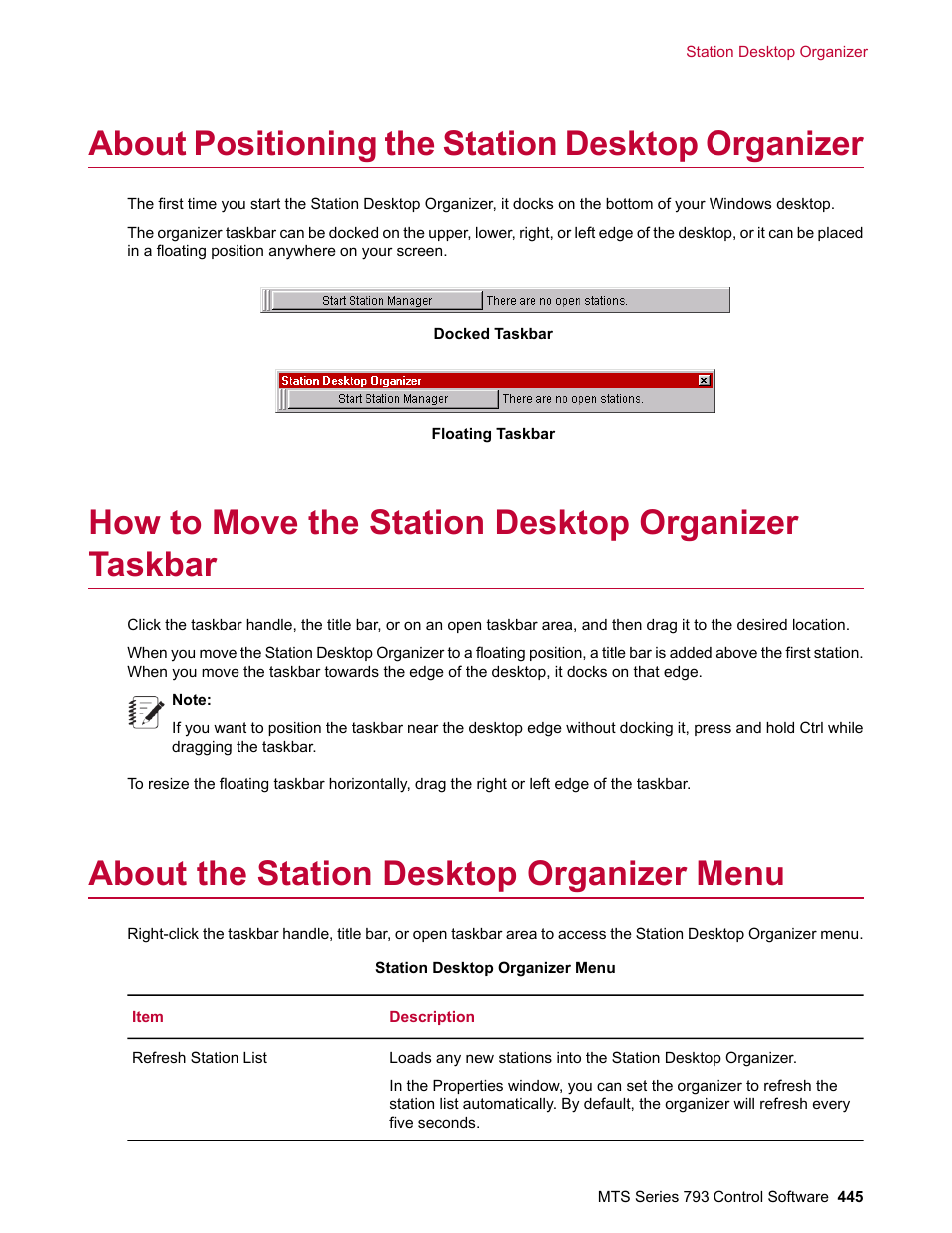 About positioning the station desktop organizer, How to move the station desktop organizer taskbar, About the station desktop organizer menu | MTS Series 793 User Manual | Page 445 / 490