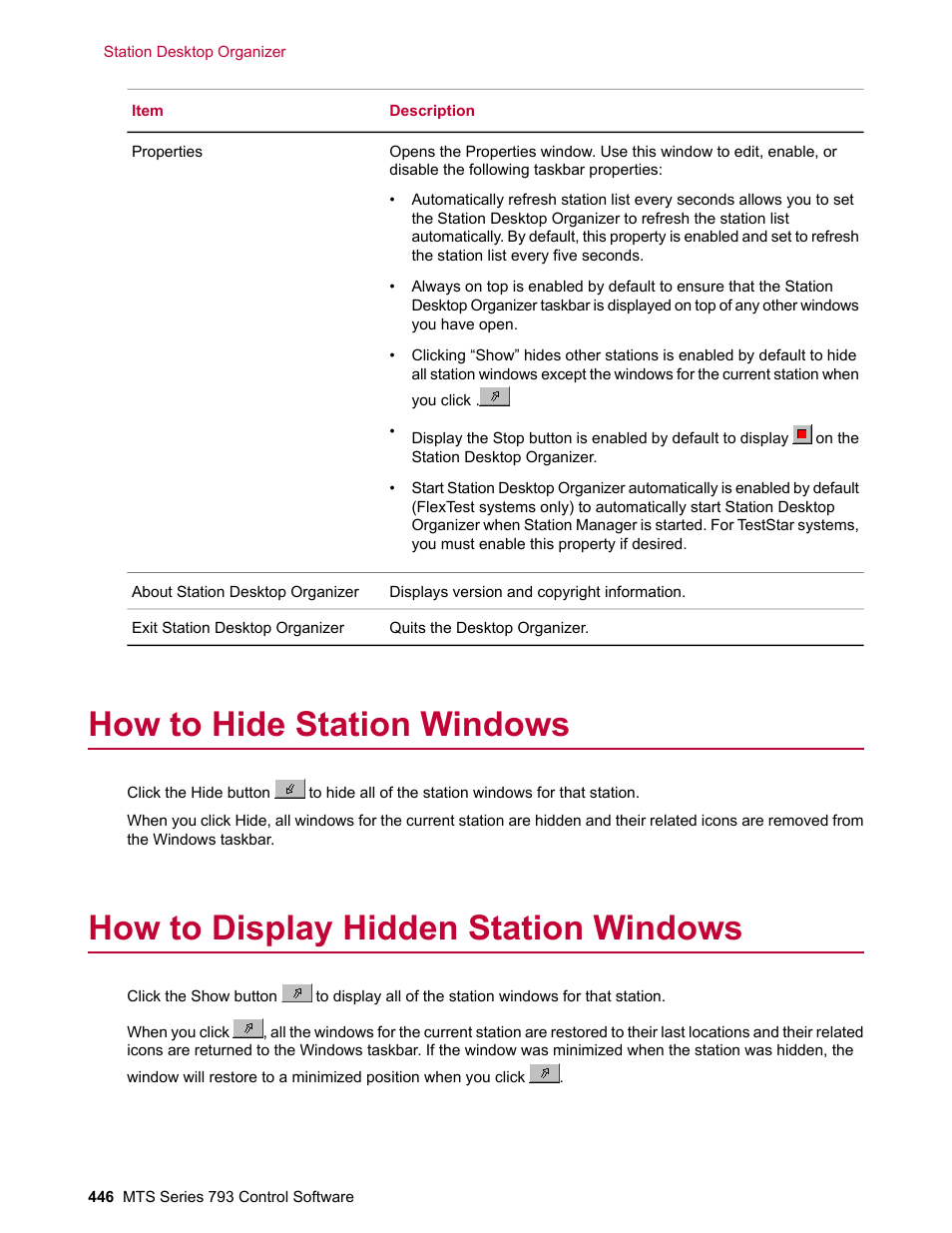 How to hide station windows, How to display hidden station windows | MTS Series 793 User Manual | Page 446 / 490