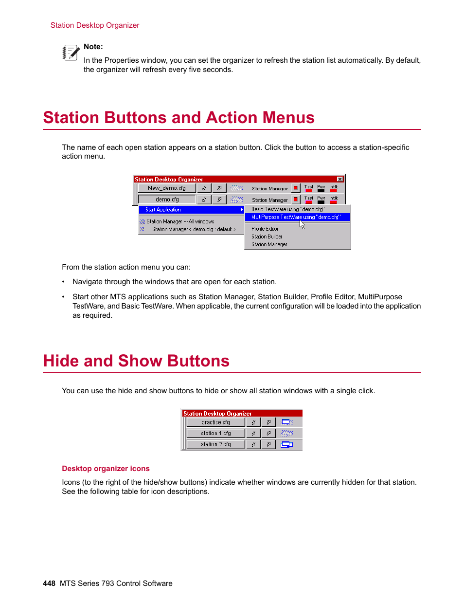 Station buttons and action menus, Hide and show buttons | MTS Series 793 User Manual | Page 448 / 490