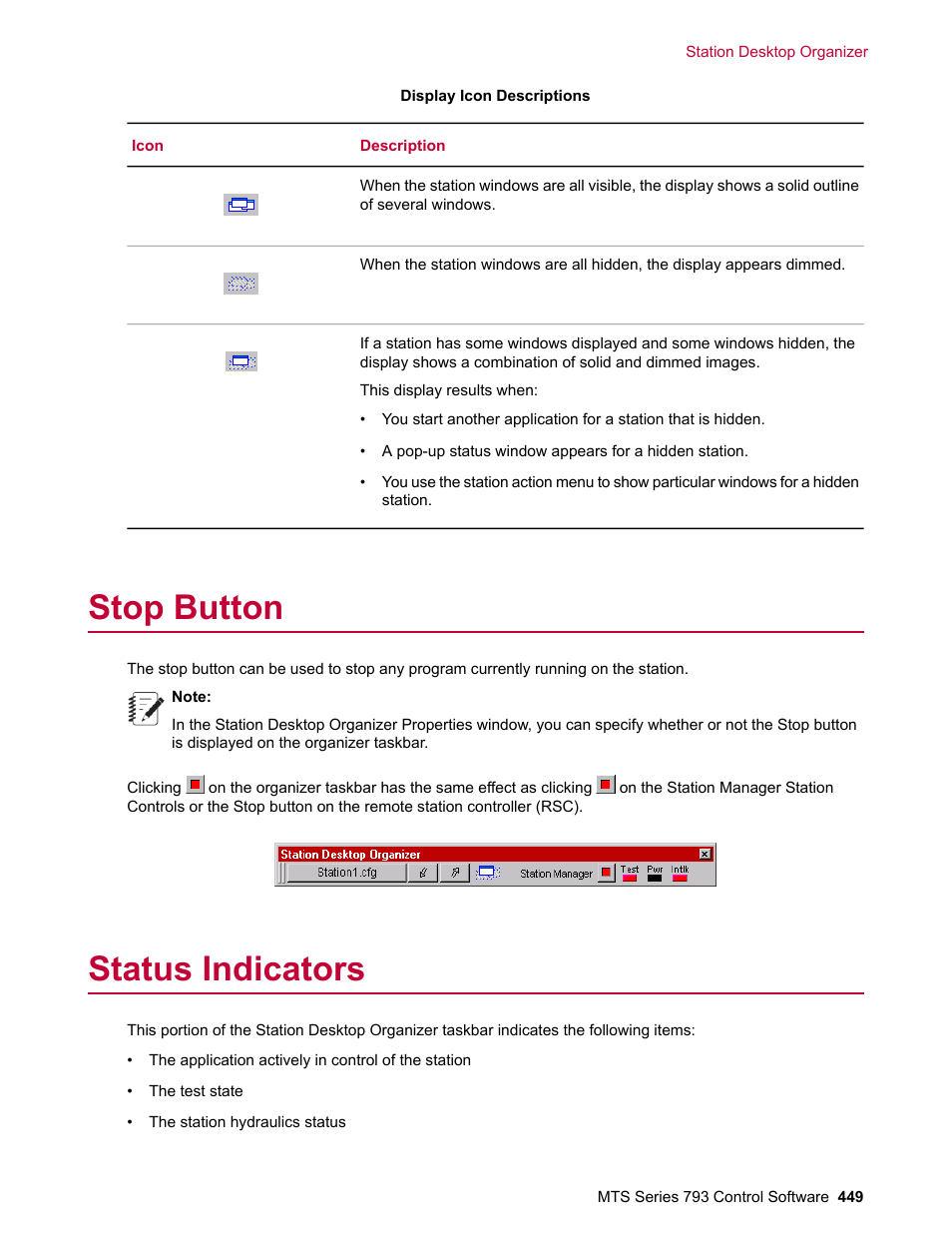 Stop button, Status indicators | MTS Series 793 User Manual | Page 449 / 490