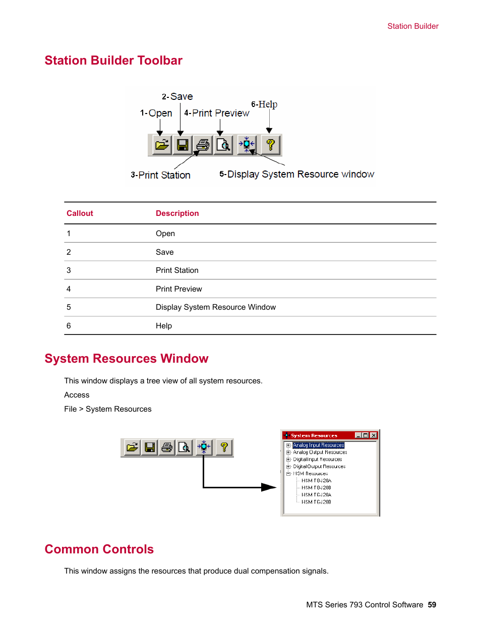 Station builder toolbar, System resources window, Common controls | MTS Series 793 User Manual | Page 59 / 490