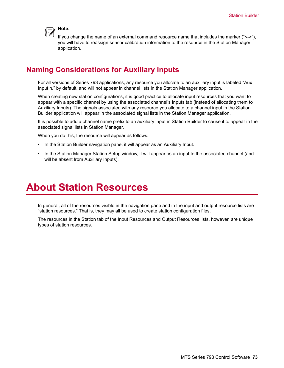 Naming considerations for auxiliary inputs, About station resources | MTS Series 793 User Manual | Page 73 / 490