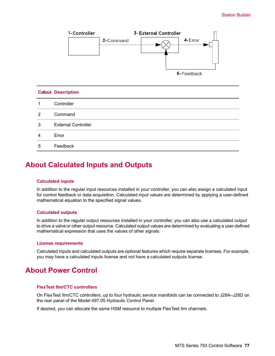 About calculated inputs and outputs, About power control | MTS Series 793 User Manual | Page 77 / 490