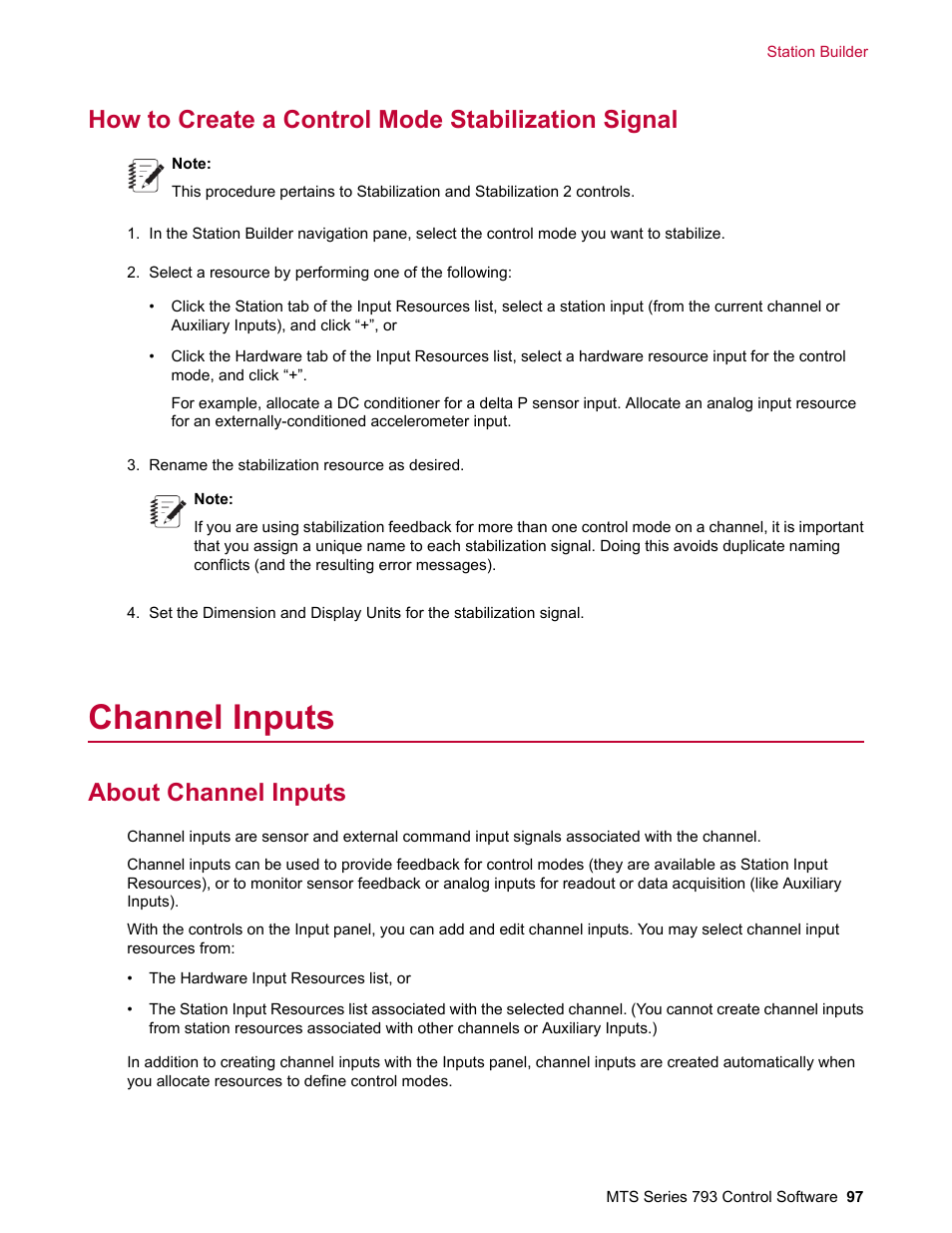 How to create a control mode stabilization signal, Channel inputs, About channel inputs | MTS Series 793 User Manual | Page 97 / 490