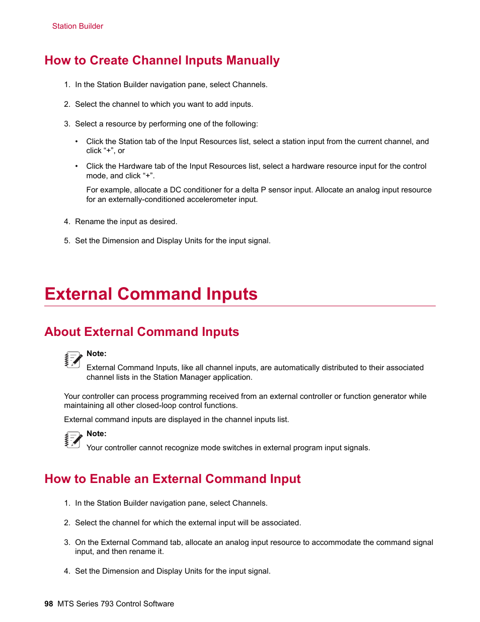 How to create channel inputs manually, External command inputs, About external command inputs | How to enable an external command input | MTS Series 793 User Manual | Page 98 / 490