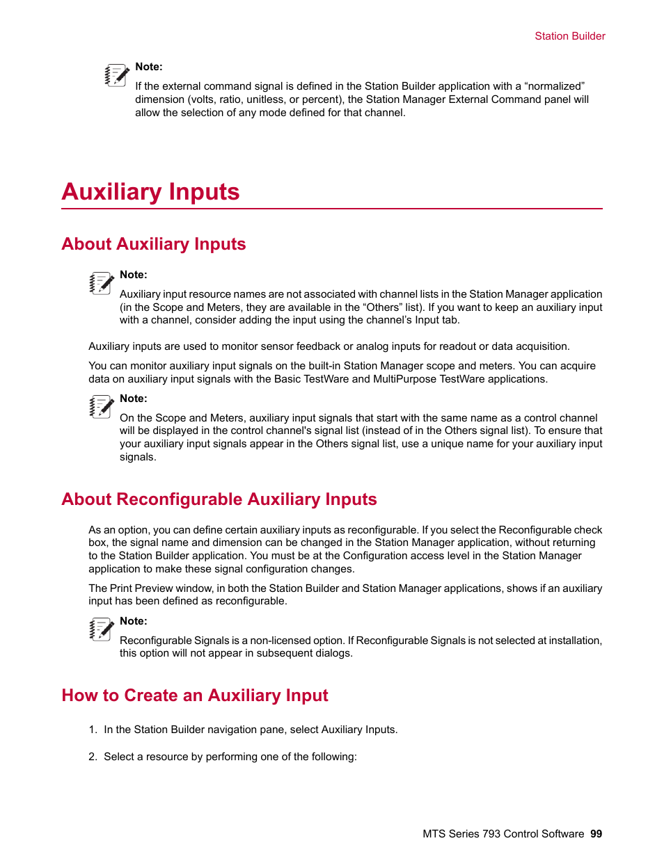 Auxiliary inputs, About auxiliary inputs, About reconfigurable auxiliary inputs | How to create an auxiliary input | MTS Series 793 User Manual | Page 99 / 490