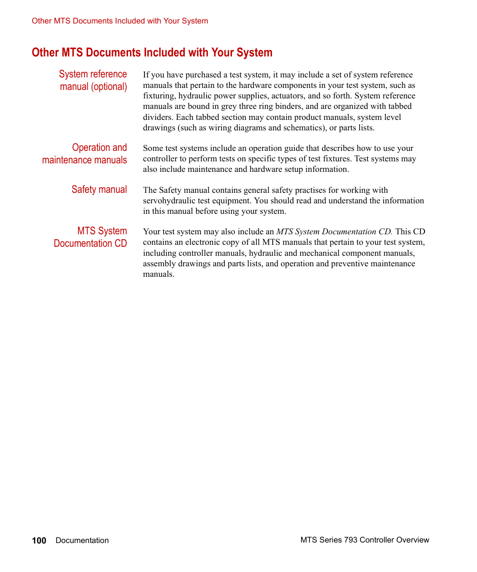 Other mts documents included with your system, Other mts documents included with your system 100 | MTS Series 793 Controller User Manual | Page 100 / 106