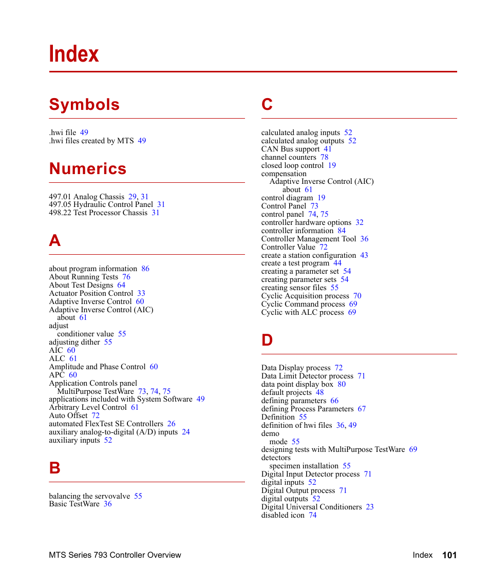 Index, Index 101, Symbols | Numerics | MTS Series 793 Controller User Manual | Page 101 / 106