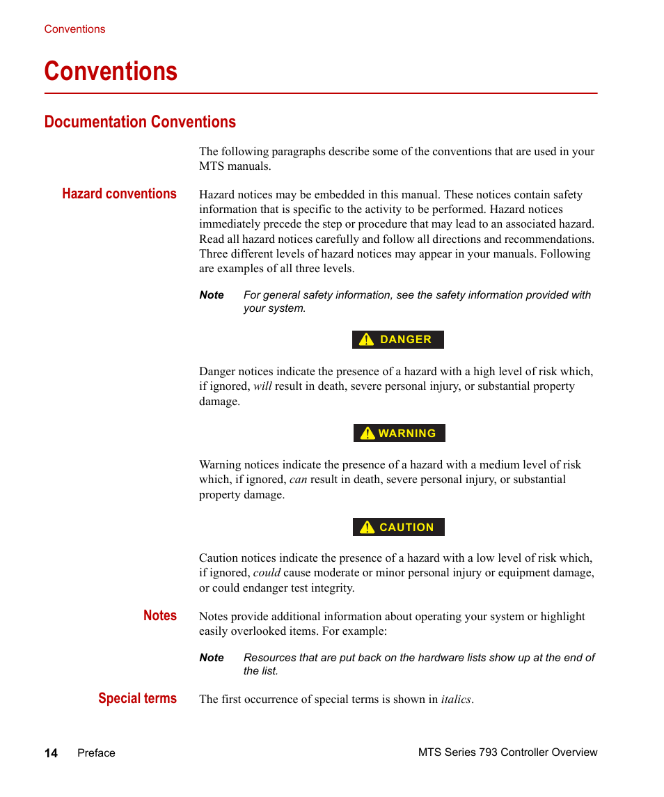 Conventions, Documentation conventions, Conventions 14 | Documentation conventions 14 | MTS Series 793 Controller User Manual | Page 14 / 106