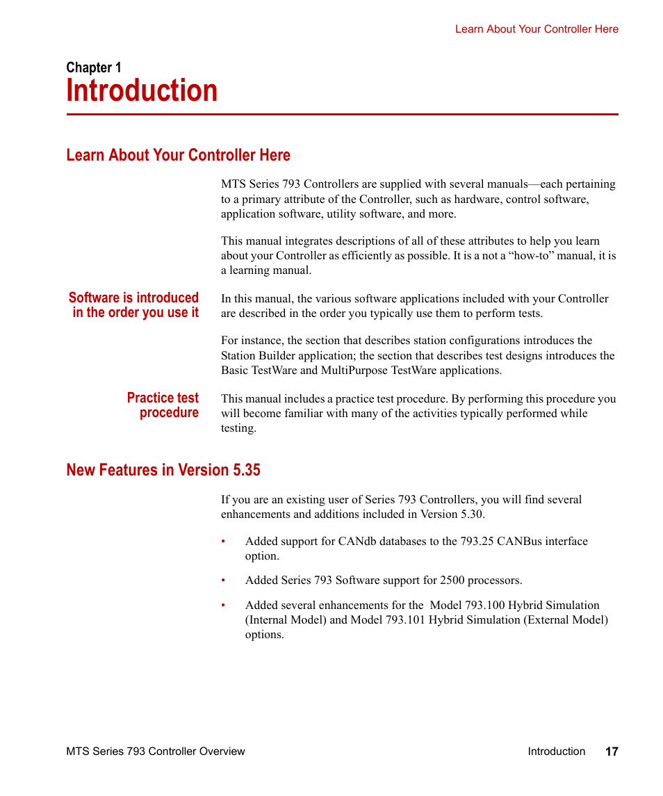 Introduction, Learn about your controller here, New features in version 5.35 | Chapter 1, Introduction 17 | MTS Series 793 Controller User Manual | Page 17 / 106