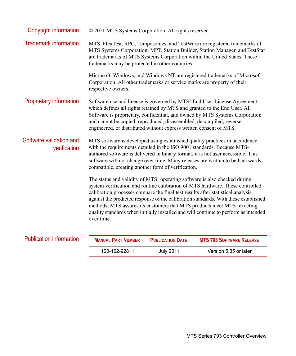 Copyright information, Trademark information, Proprietary information | Software validation and verification, Publication information | MTS Series 793 Controller User Manual | Page 2 / 106