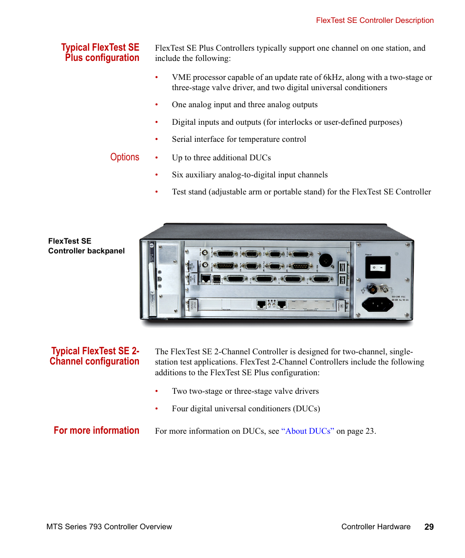 Typical flextest se plus configuration, Options, Typical flextest se 2- channel configuration | For more information | MTS Series 793 Controller User Manual | Page 29 / 106