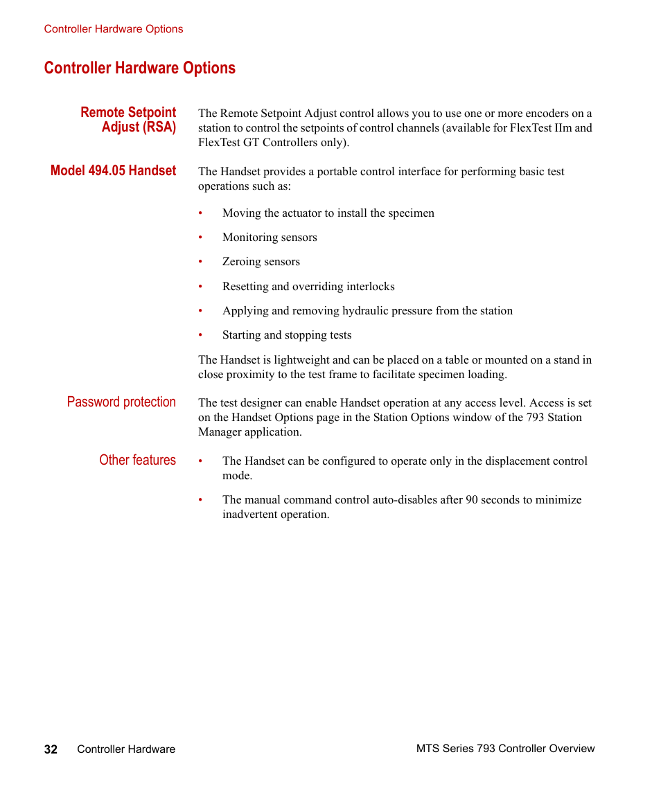 Controller hardware options, Controller hardware options 32 | MTS Series 793 Controller User Manual | Page 32 / 106