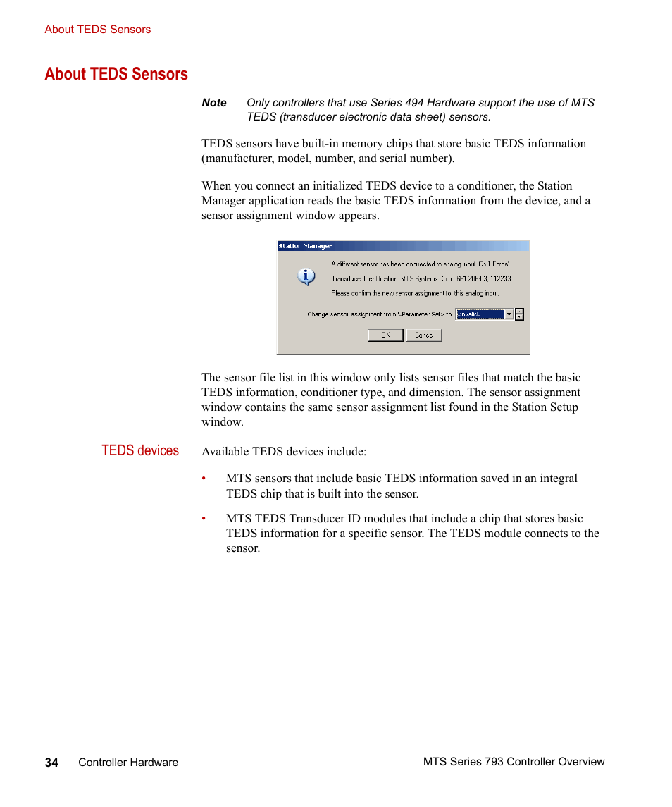 About teds sensors, About teds sensors 34, Teds devices | MTS Series 793 Controller User Manual | Page 34 / 106