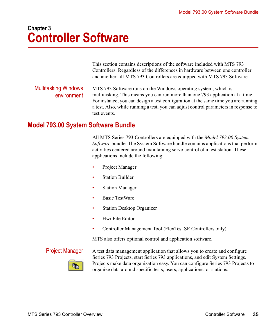 Controller software, Model 793.00 system software bundle, Chapter 3 | Controller software 35, Model 793.00 system software bundle 35 | MTS Series 793 Controller User Manual | Page 35 / 106