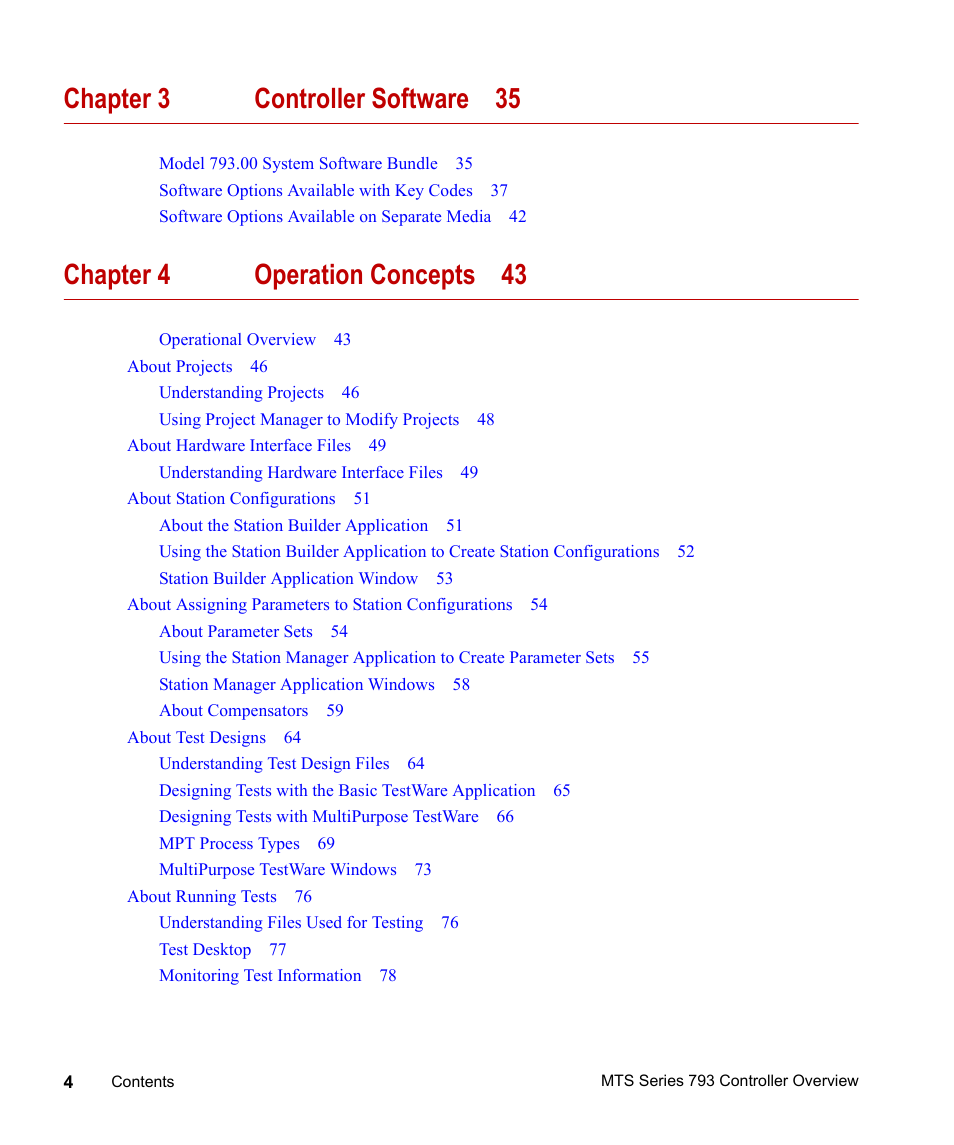 Chapter 3 controller software 35, Chapter 4 operation concepts 43 | MTS Series 793 Controller User Manual | Page 4 / 106