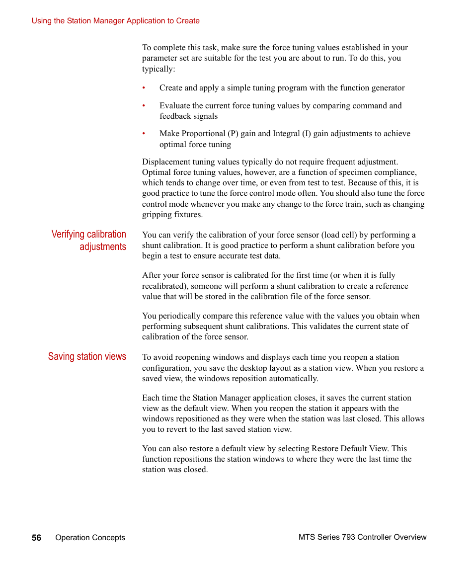 Verifying calibration adjustments, Saving station views | MTS Series 793 Controller User Manual | Page 56 / 106
