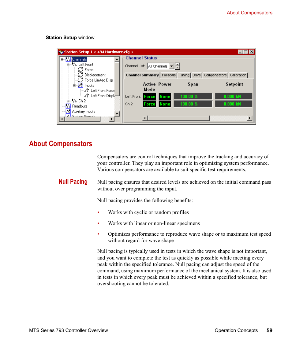 About compensators, About compensators 59, Null pacing | MTS Series 793 Controller User Manual | Page 59 / 106