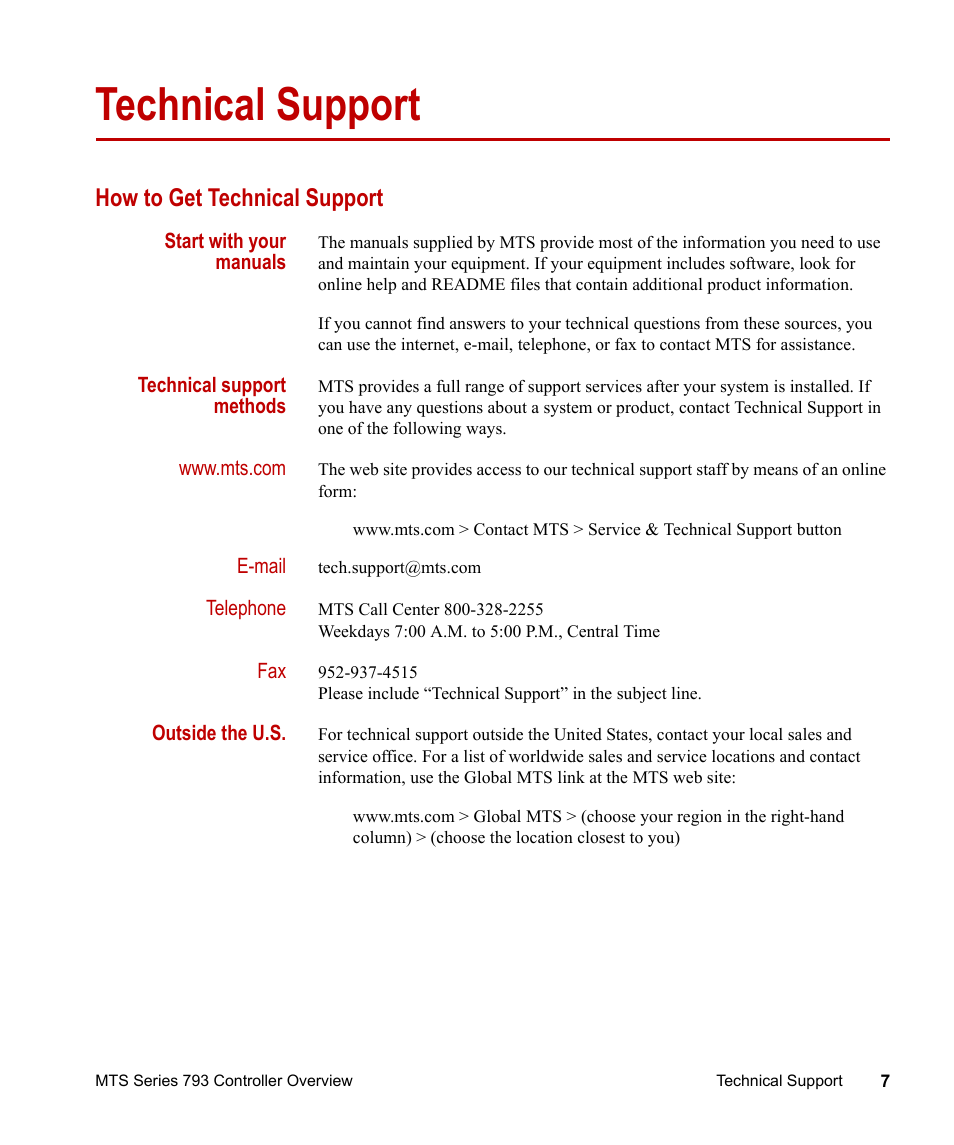 Technical support, How to get technical support, Technical support 7 | How to get technical support 7 | MTS Series 793 Controller User Manual | Page 7 / 106