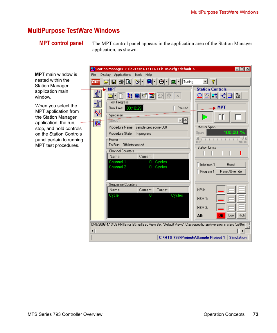 Multipurpose testware windows, Multipurpose testware windows 73, Mpt control panel | MTS Series 793 Controller User Manual | Page 73 / 106