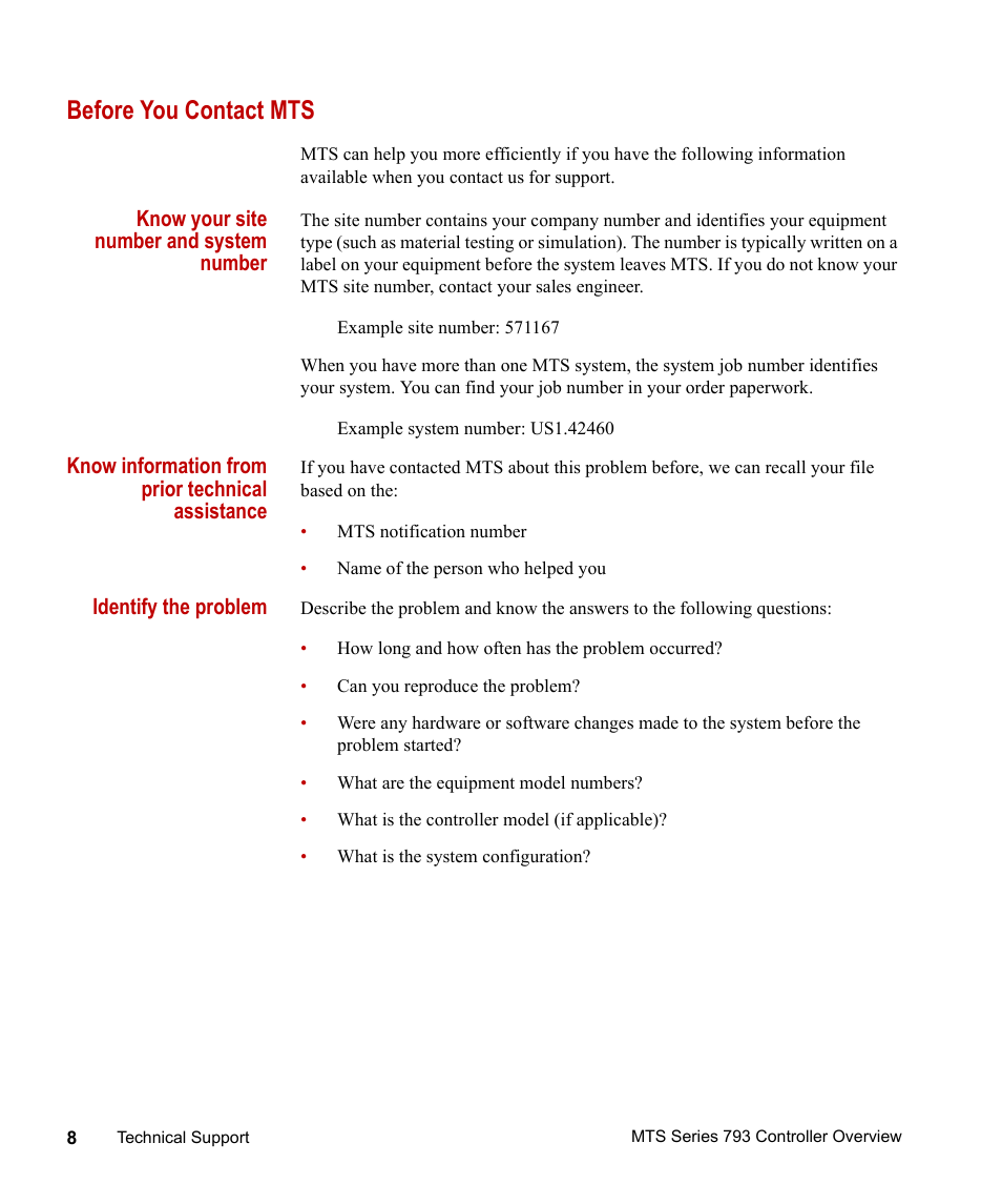 Before you contact mts, Before you contact mts 8 | MTS Series 793 Controller User Manual | Page 8 / 106