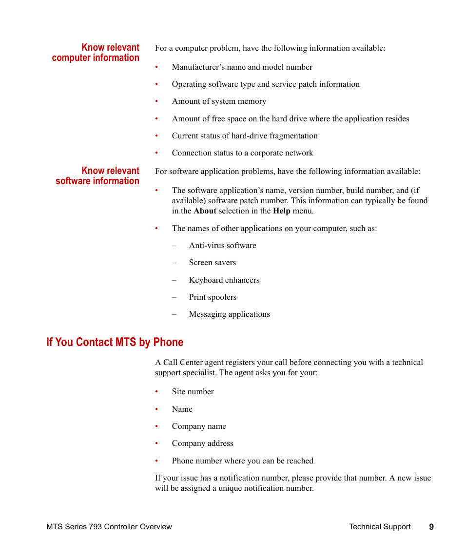 If you contact mts by phone, If you contact mts by phone 9, Know relevant computer information | Know relevant software information | MTS Series 793 Controller User Manual | Page 9 / 106