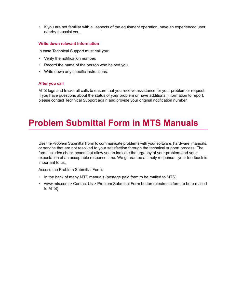 Problem submittal form in mts manuals | MTS Series 793 Utility Software User Manual | Page 10 / 124
